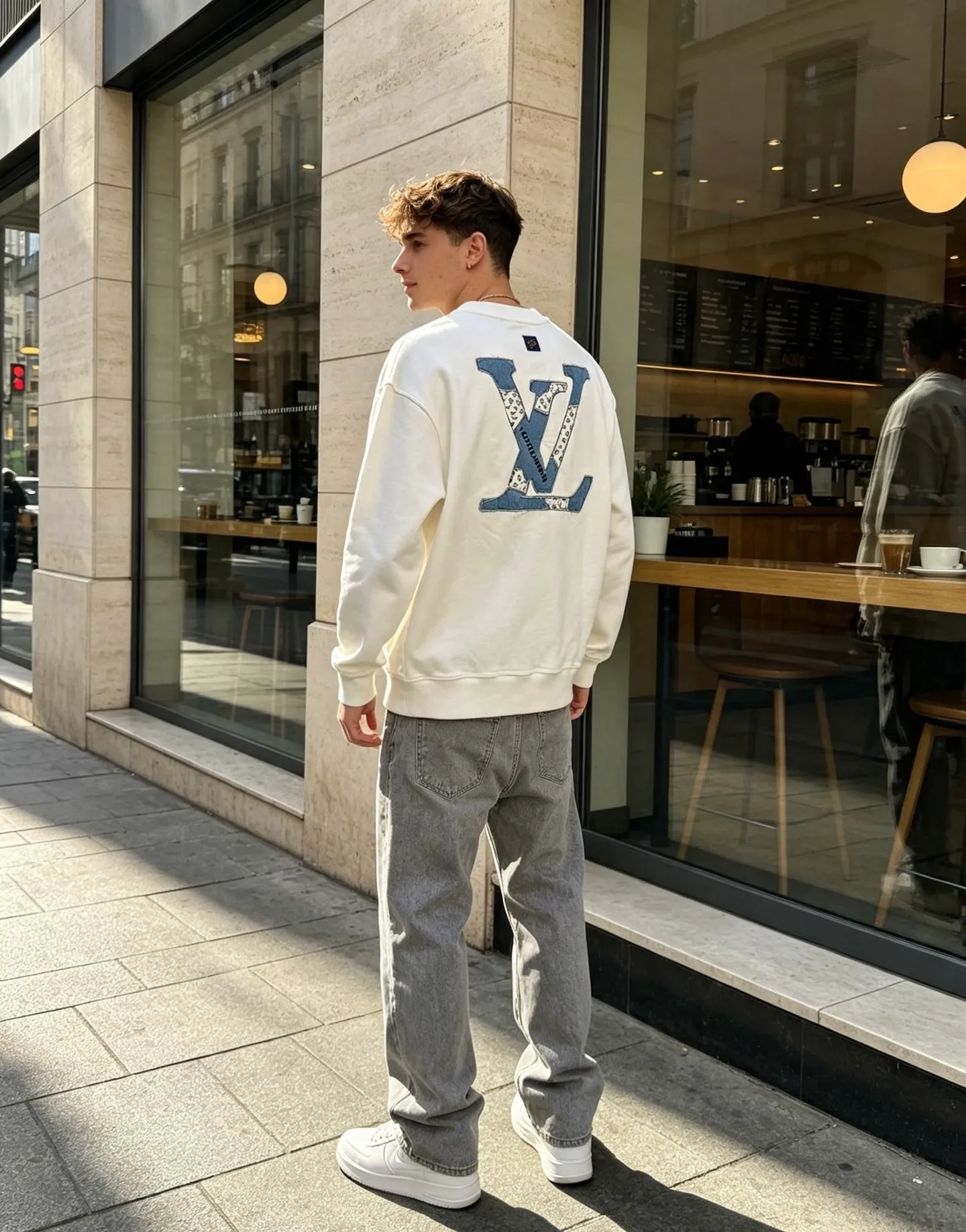Louis Vuitton/Louis Vuitton denim patch letter embroidered crew neck sweatshirt